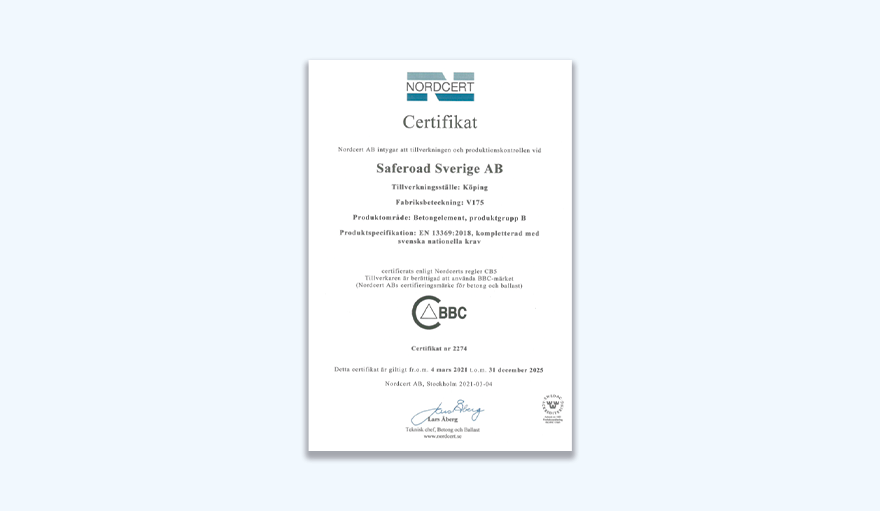 Certifikat för betongproduktion från Nordcert