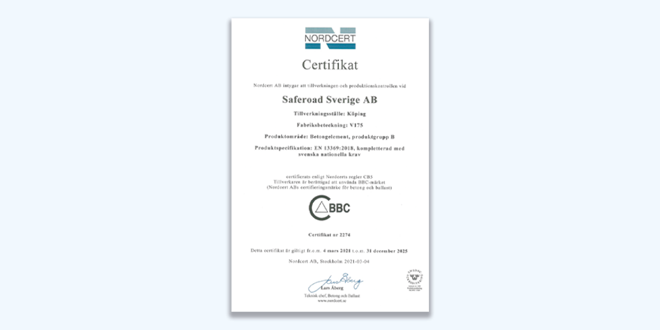 Certifikat för betongproduktion från Nordcert