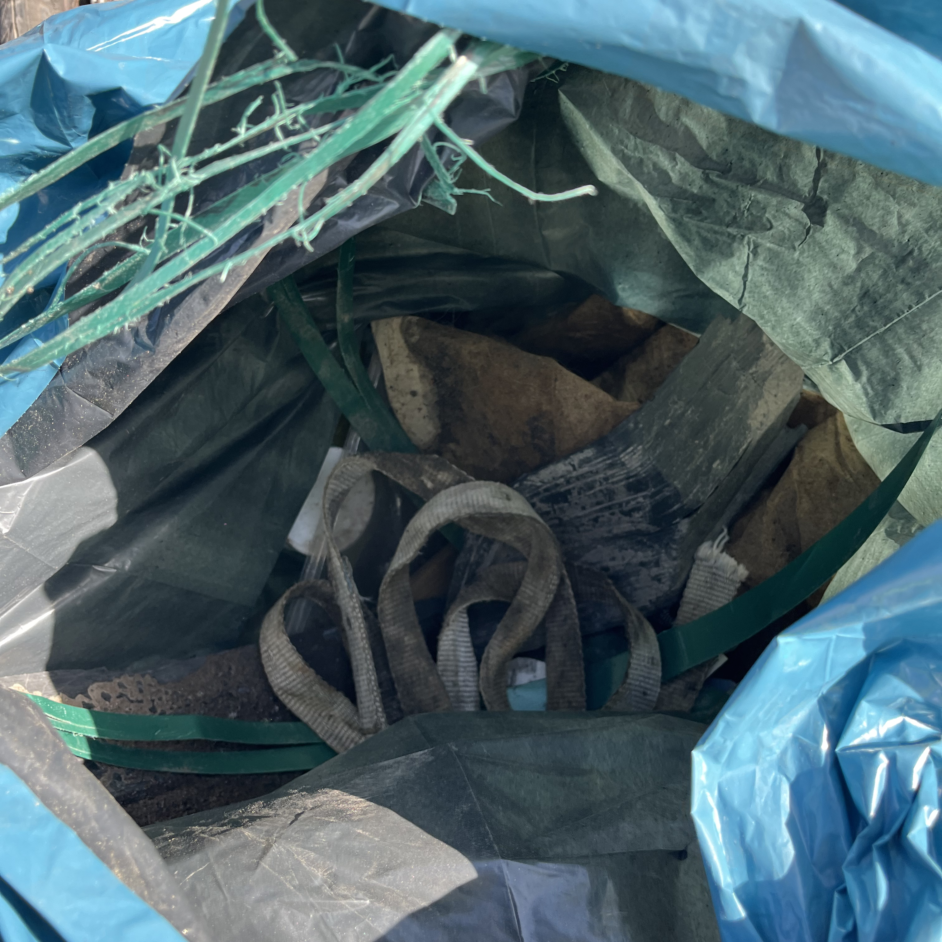 Skräp från naturen i en blå sop-påse