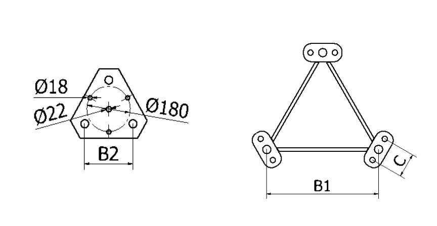 visar  infästningspunkter på topp- och basplatta på högmast