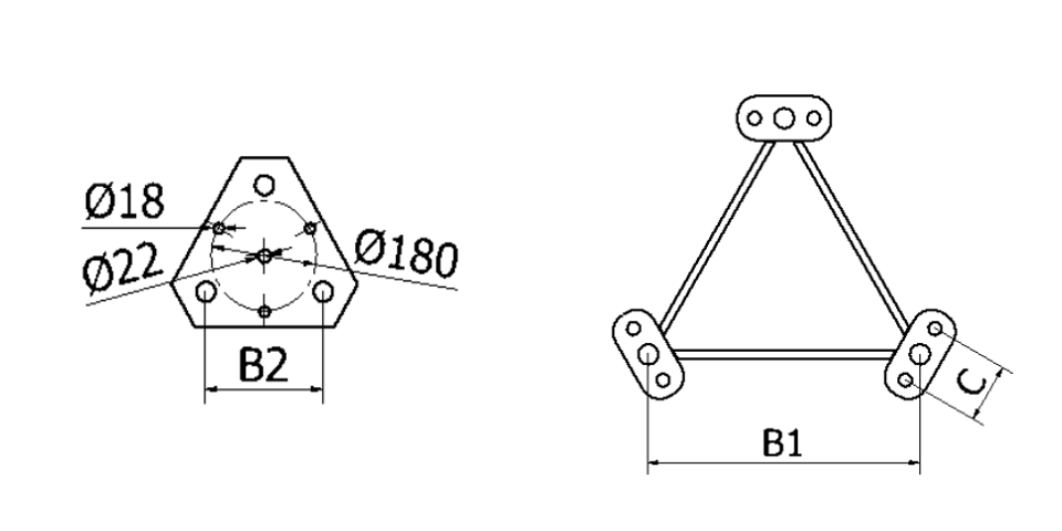 visar  infästningspunkter på topp- och basplatta på högmast