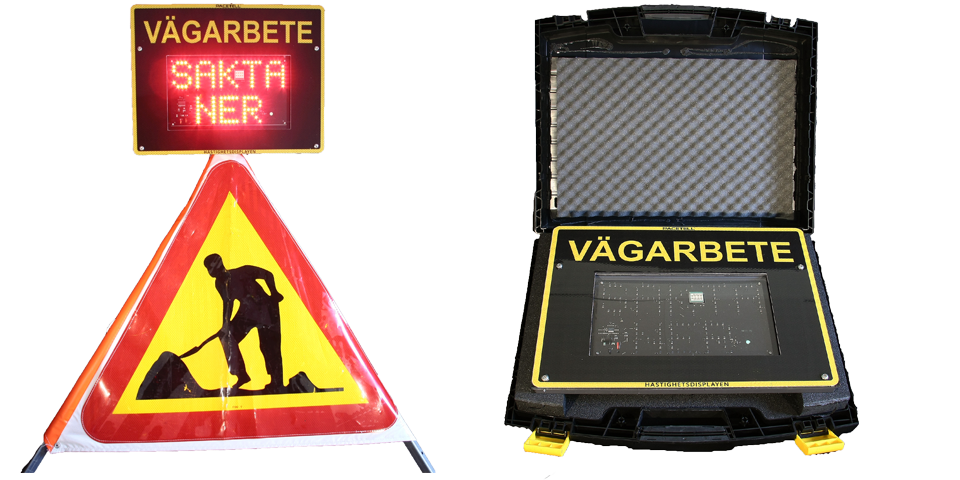 Hastighetsdisplay ovanpå tält med Varning för vägarbetssymbol A20