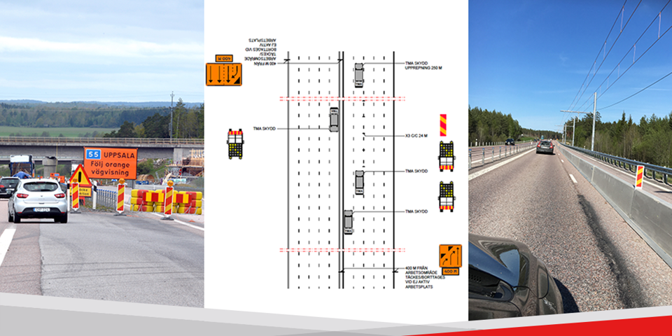 Bild på omledning på väg, en TA-plan samt en väg med betongbarriär DELTABLOC 65S