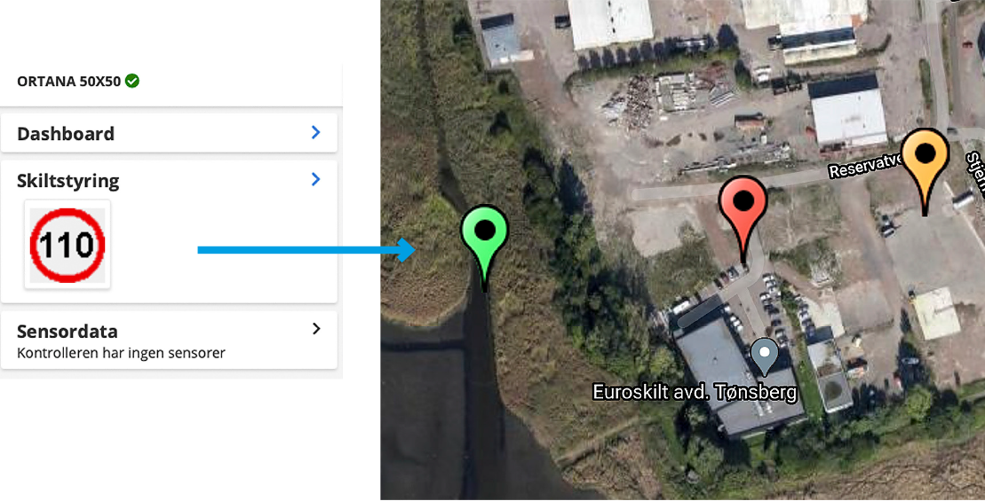 Webbgränssnitt som också visar grafiskt på kartan var skyltarna är placerade