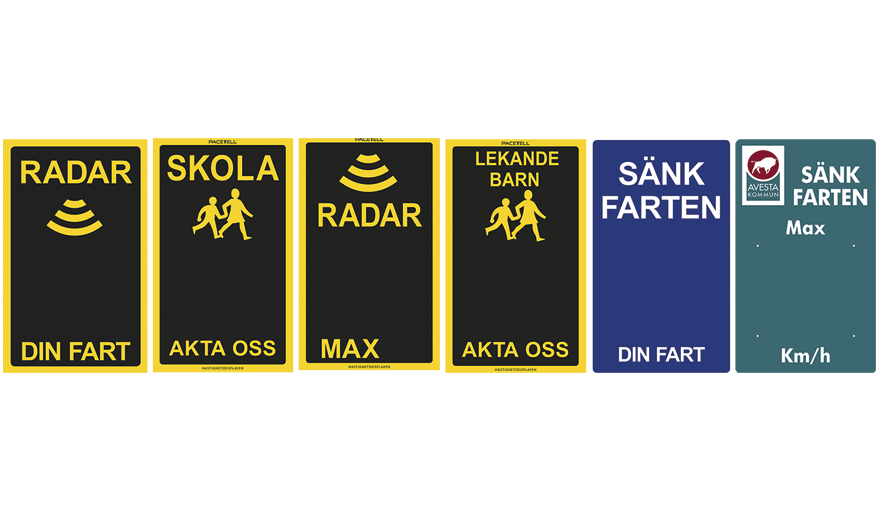 Bilder på olika utföranden av frontskyltar till PaceTell original och Basic