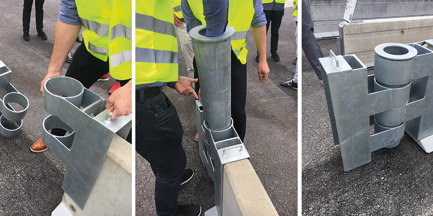 Demonstration över hur kopplingen Flexcorner kopplar samman skyddsbarriärer